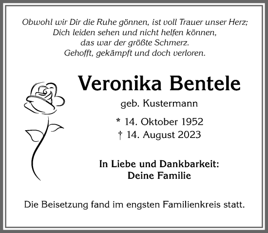 Traueranzeige von Veronika Bentele von Allgäuer Zeitung, Kaufbeuren/Buchloe
