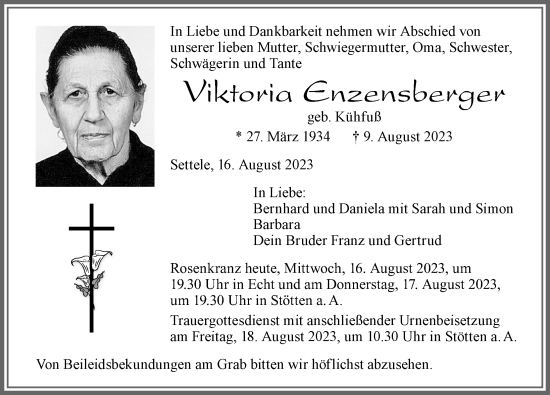 Traueranzeige von Viktoria Enzensberger von Allgäuer Zeitung, Marktoberdorf