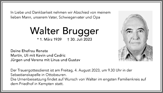 Traueranzeige von Walter Brugger von Memminger Zeitung