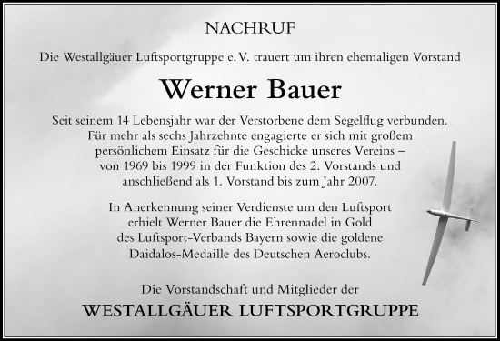 Traueranzeige von Werner Bauer von Der Westallgäuer