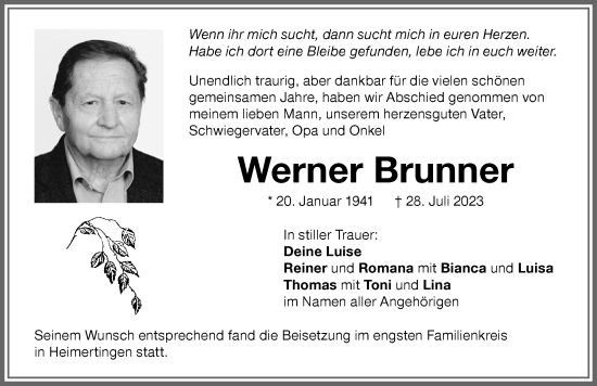 Traueranzeige von Werner Brunner von Memminger Zeitung