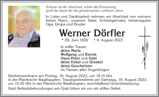 Traueranzeige von Werner Dörfler von Allgäuer Zeitung, Kaufbeuren/Buchloe
