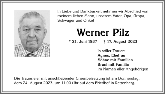 Traueranzeige von Werner Pilz von Allgäuer Anzeigeblatt