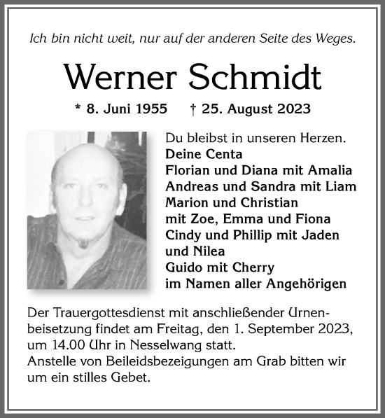 Traueranzeige von Werner Schmidt von Allgäuer Zeitung, Füssen