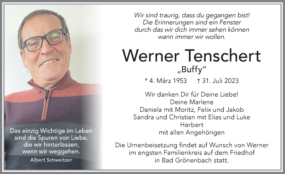  Traueranzeige für Werner Tenschert vom 05.08.2023 aus Memminger Zeitung