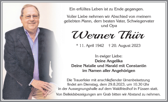 Traueranzeige von Werner Thür von Allgäuer Zeitung, Füssen