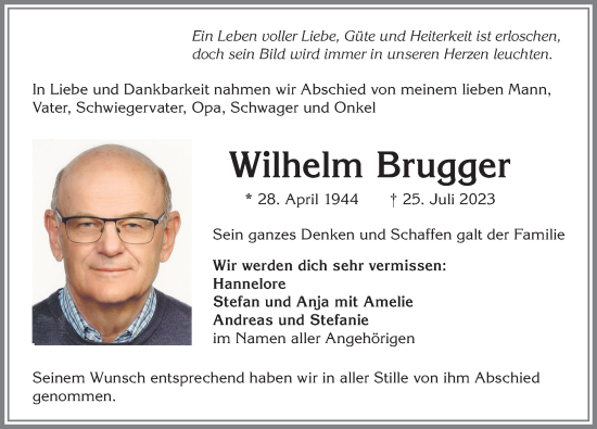 Traueranzeige von Wilhelm Brugger von Allgäuer Zeitung,Kempten