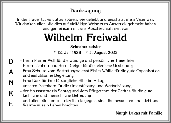 Traueranzeige von Wilhelm Freiwald von Allgäuer Anzeigeblatt