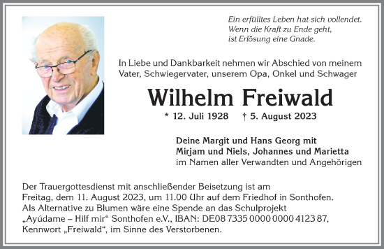 Traueranzeige von Wilhelm Freiwald von Allgäuer Anzeigeblatt