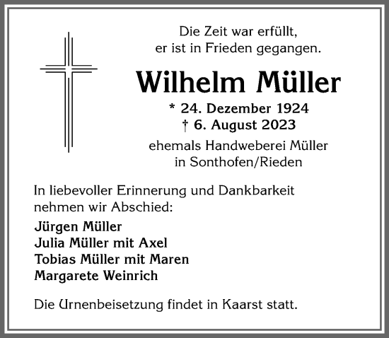 Traueranzeige von Wilhelm Müller von Allgäuer Anzeigeblatt