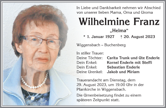 Traueranzeige von Wilhelmine Franz von Allgäuer Zeitung,Kempten