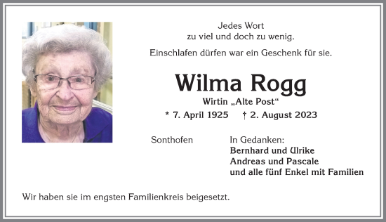 Traueranzeige von Wilma Rogg von Allgäuer Anzeigeblatt