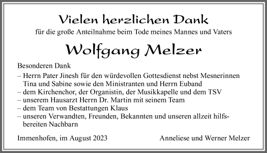 Traueranzeige von Wolfgang Melzer von Allgäuer Zeitung, Marktoberdorf