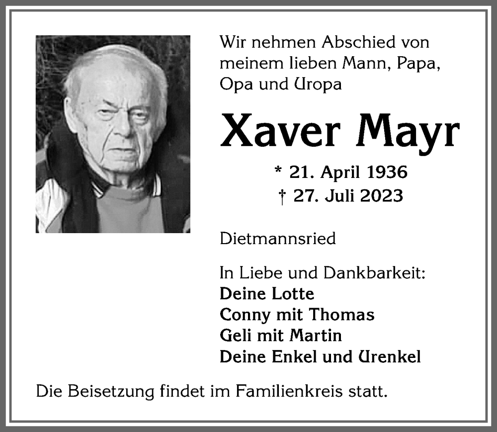 Traueranzeige für Xaver Mayr vom 03.08.2023 aus Allgäuer Zeitung,Kempten