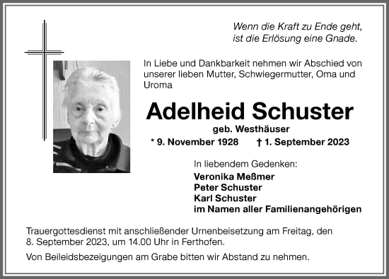 Traueranzeige von Adelheid Schuster von Memminger Zeitung