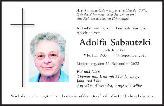 Traueranzeige von Adolfa Sabautzki von Der Westallgäuer