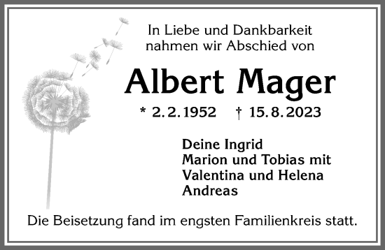 Traueranzeige von Albert Mager von Allgäuer Zeitung,Kempten