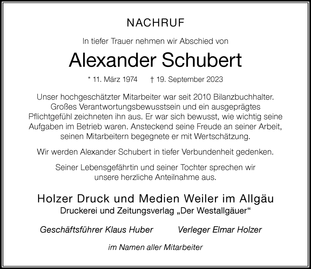  Traueranzeige für Alexander Schubert vom 30.09.2023 aus Der Westallgäuer