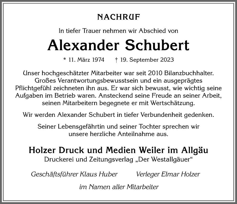  Traueranzeige für Alexander Schubert vom 30.09.2023 aus Allgäuer Anzeigeblatt
