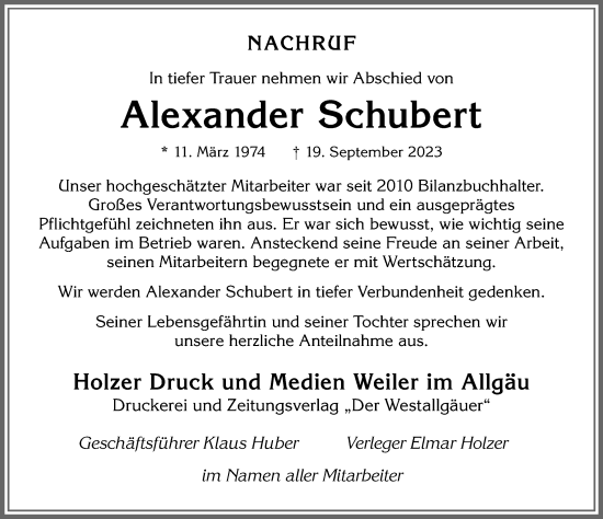 Traueranzeige von Alexander Schubert von Allgäuer Anzeigeblatt