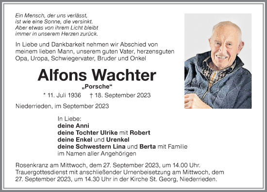 Traueranzeige von Alfons Wachter von Memminger Zeitung
