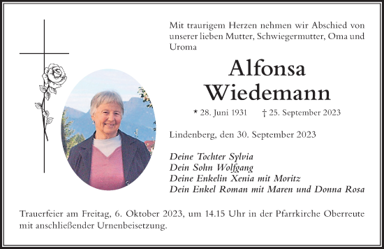 Traueranzeige von Alfonsa Wiedemann von Der Westallgäuer