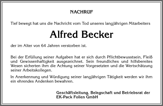 Traueranzeige von Alfred Becker von Allgäuer Zeitung,Kempten