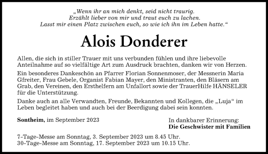Traueranzeige von Alois Donderer von Memminger Zeitung