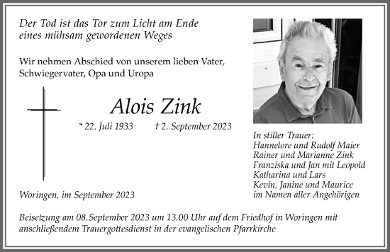 Traueranzeige von Alois Zink von Memminger Zeitung