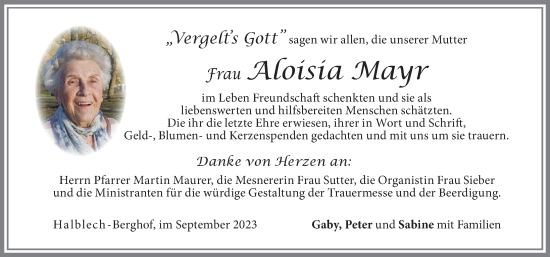 Traueranzeige von Aloisia Mayr von Allgäuer Zeitung, Füssen