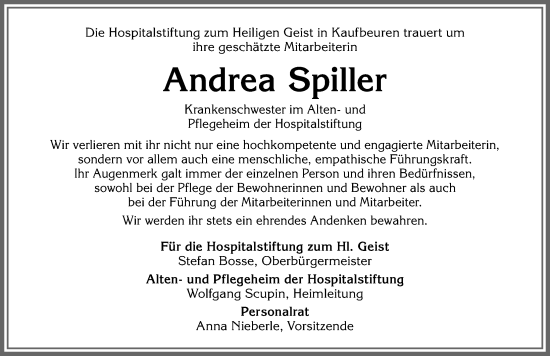 Traueranzeige von Andrea Spiller von Allgäuer Zeitung, Kaufbeuren/Buchloe