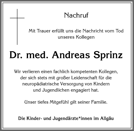 Traueranzeige von Andreas Sprinz von Allgäuer Zeitung,Kempten