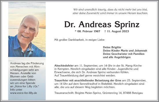 Traueranzeige von Andreas Sprinz von Allgäuer Zeitung,Kempten