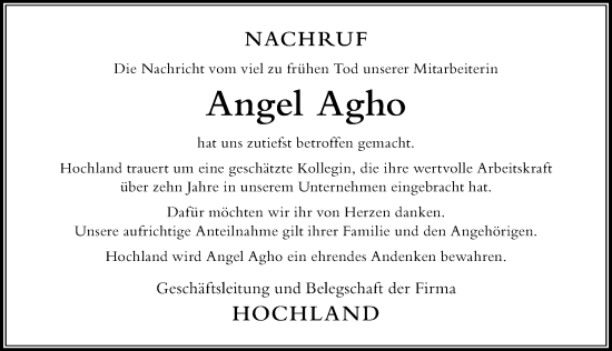 Traueranzeige von Angel Agho von Der Westallgäuer