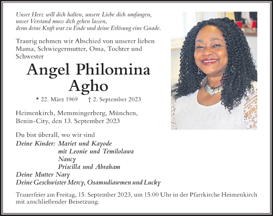 Traueranzeige von Angel Philomina Agho von Der Westallgäuer