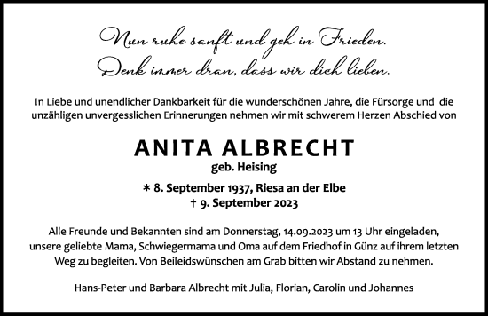 Traueranzeige von Anita Albrecht von Memminger Zeitung