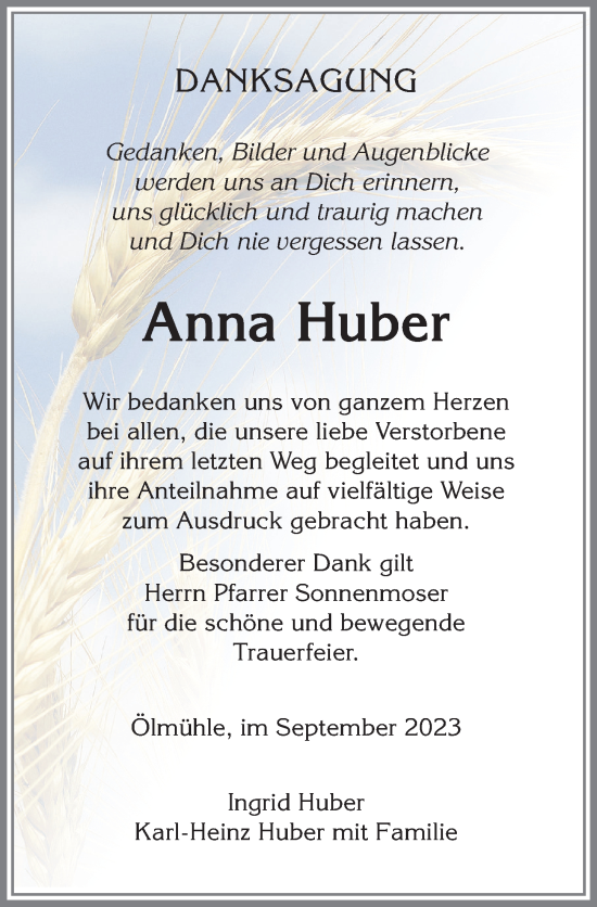 Traueranzeige von Anna Huber von Memminger Zeitung