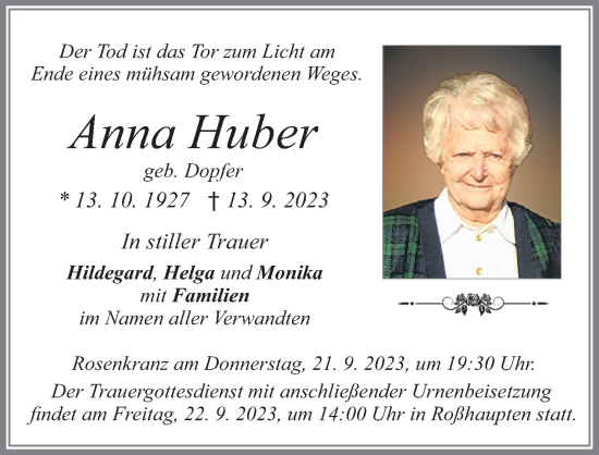 Traueranzeige von Anna Huber von Allgäuer Zeitung, Füssen