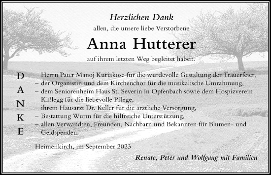 Traueranzeige von Anna Hutterer von Der Westallgäuer