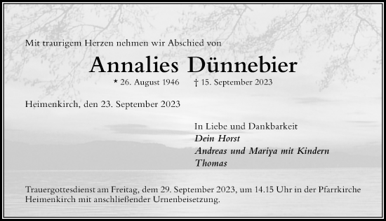 Traueranzeige von Annalies Dünnebier von Der Westallgäuer