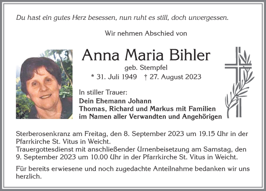 Traueranzeige von Anna Maria Bihler von Allgäuer Zeitung, Kaufbeuren/Buchloe
