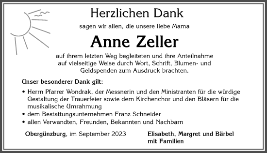 Traueranzeige von Anne Zeller von Allgäuer Zeitung, Marktoberdorf