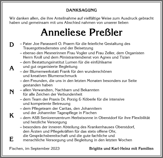 Traueranzeige von Anneliese Preßler von Allgäuer Anzeigeblatt