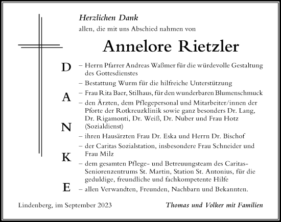 Traueranzeige von Annelore Rietzler von Der Westallgäuer