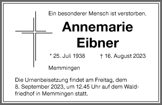 Traueranzeige von Annemarie Eibner von Memminger Zeitung