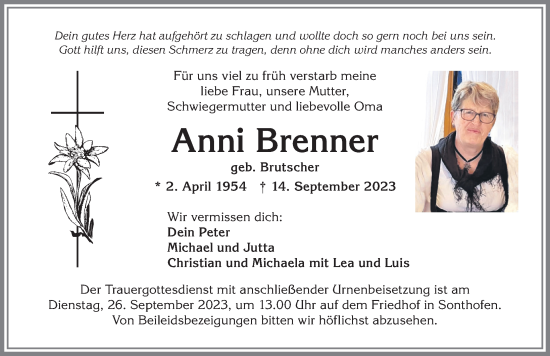 Traueranzeige von Anni Brenner von Allgäuer Anzeigeblatt