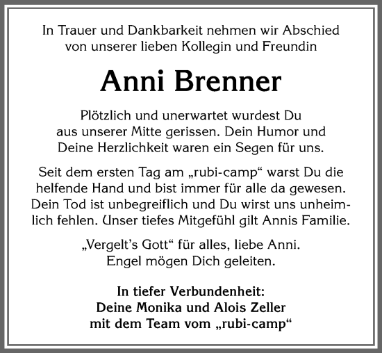 Traueranzeige von Anni Brenner von Allgäuer Anzeigeblatt