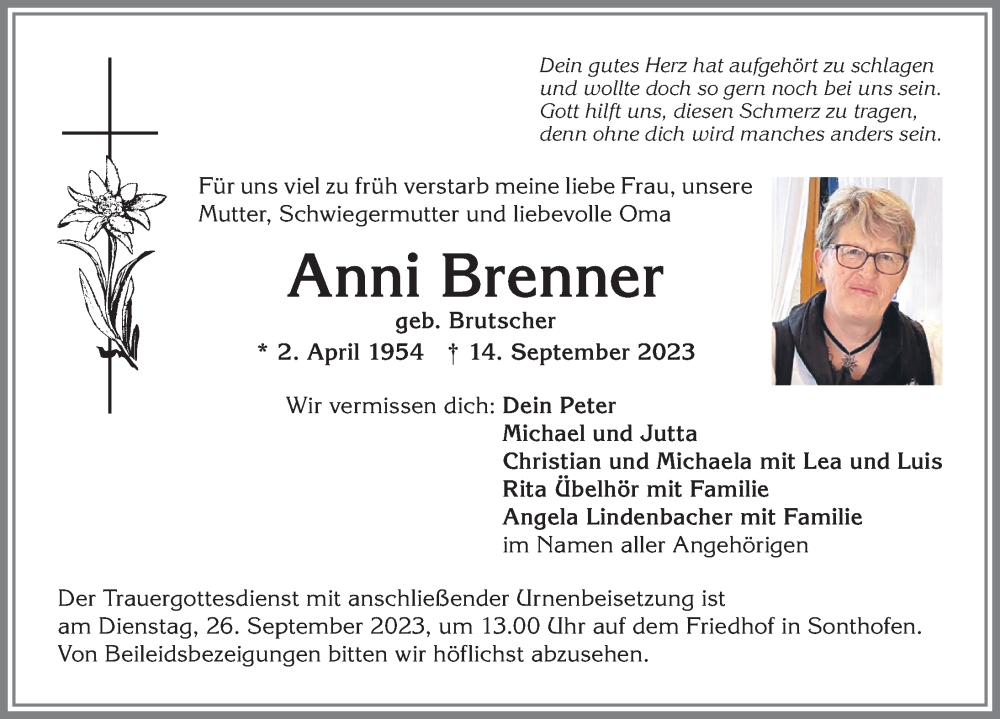  Traueranzeige für Anni Brenner vom 23.09.2023 aus Allgäuer Anzeigeblatt