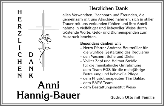 Traueranzeige von Anni Hannig-Bauer von Allgäuer Zeitung,Kempten