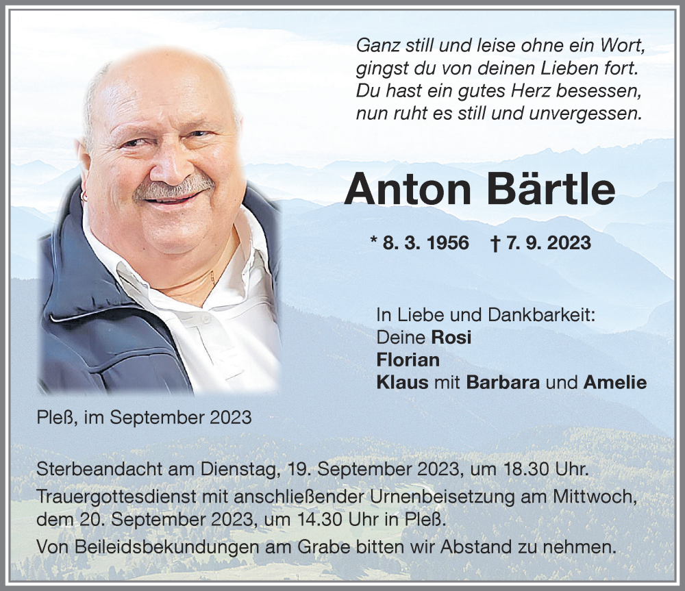  Traueranzeige für Anton Bärtle vom 16.09.2023 aus Memminger Zeitung